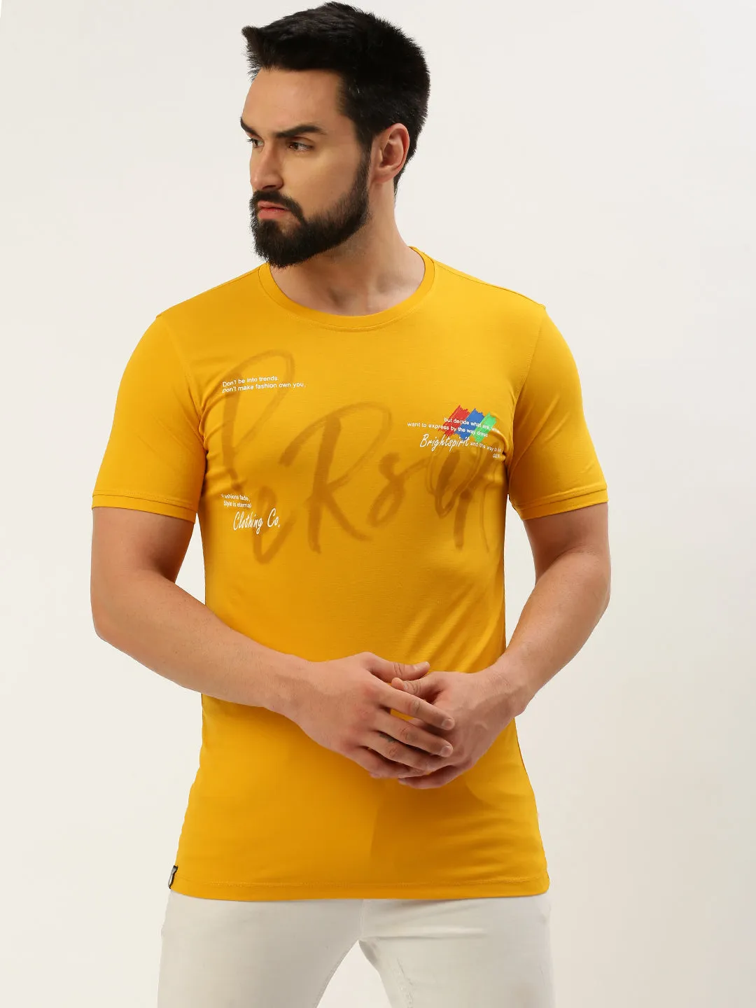 Men's Yellow Typography Printed Slim Fit T-shirt mountain style