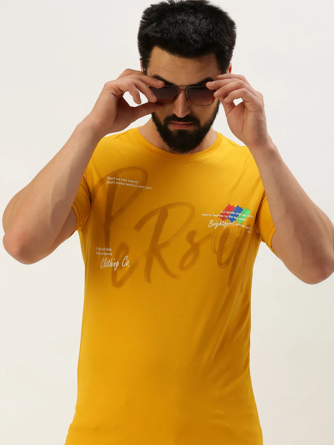 Trendy Men's Yellow Typography Printed Slim Fit T-shirt
