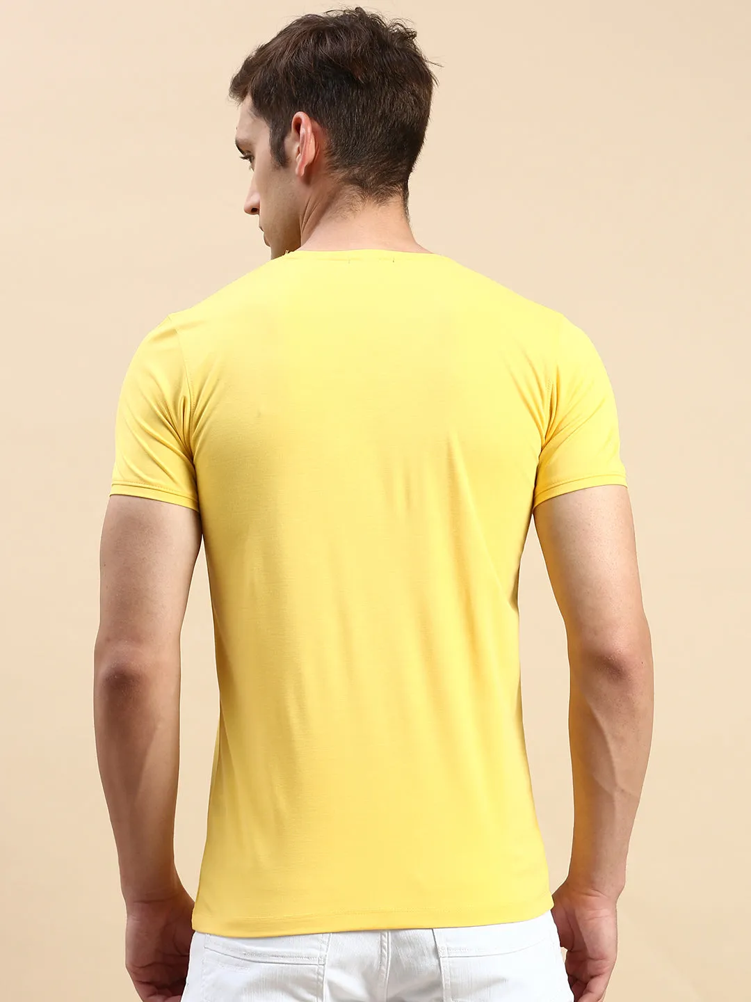 product brand loyalty Customer Satisfaction Men's Yellow Typography Printed Slim Fit T-shirt