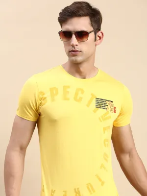 Men's Yellow Typography Printed Slim Fit T-shirt Fresh Sporty