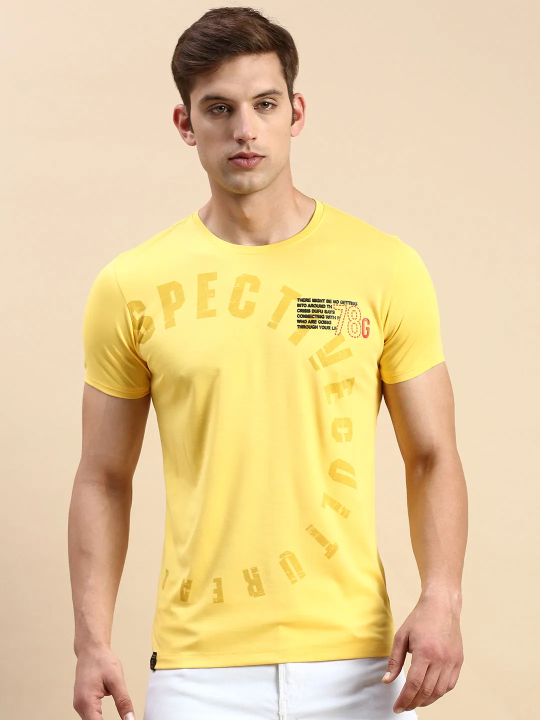 Men's Yellow Typography Printed Slim Fit T-shirt product premium quality assurance good for gym sessions