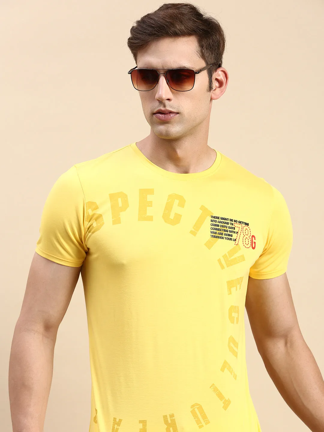 Men's Yellow Typography Printed Slim Fit T-shirt Fresh Sporty
