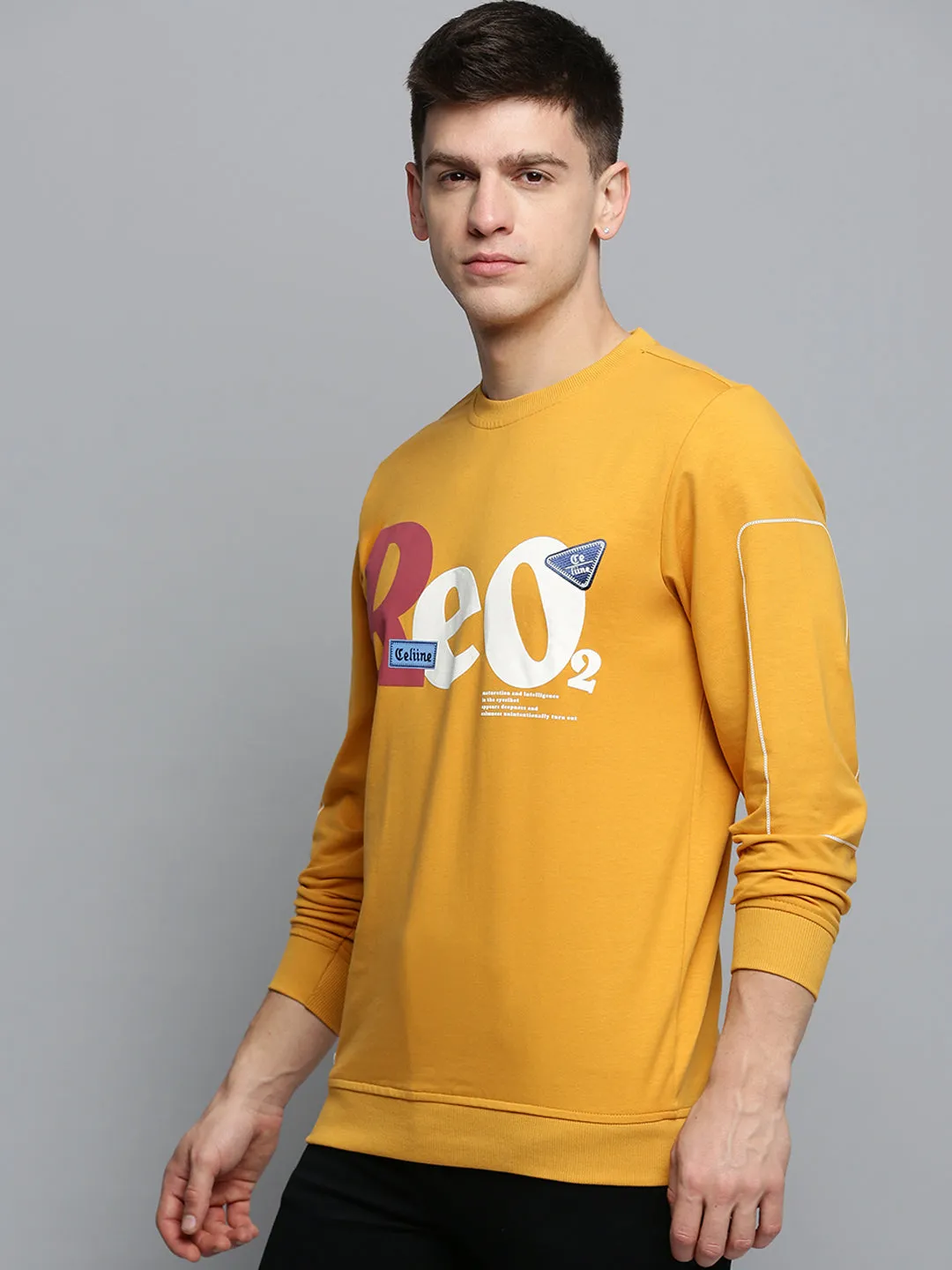 Men's Yellow Typography Printed Sweatshirt Snuggly Fit good for holidays