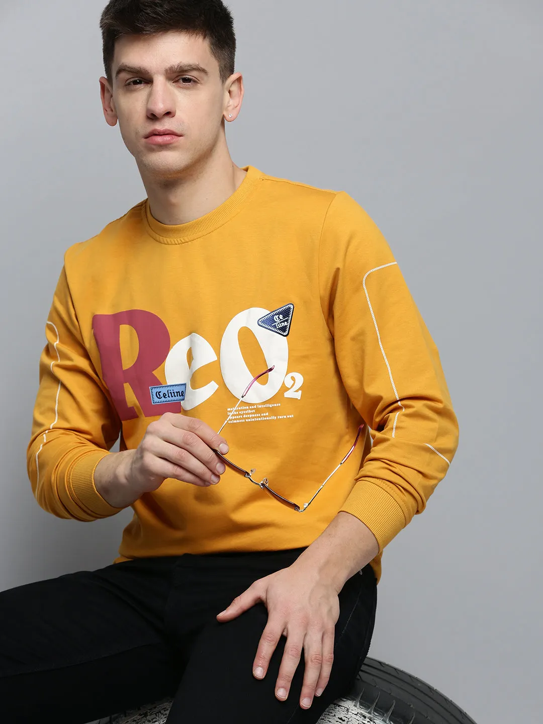 Men's Yellow Typography Printed Sweatshirt Odor Free
