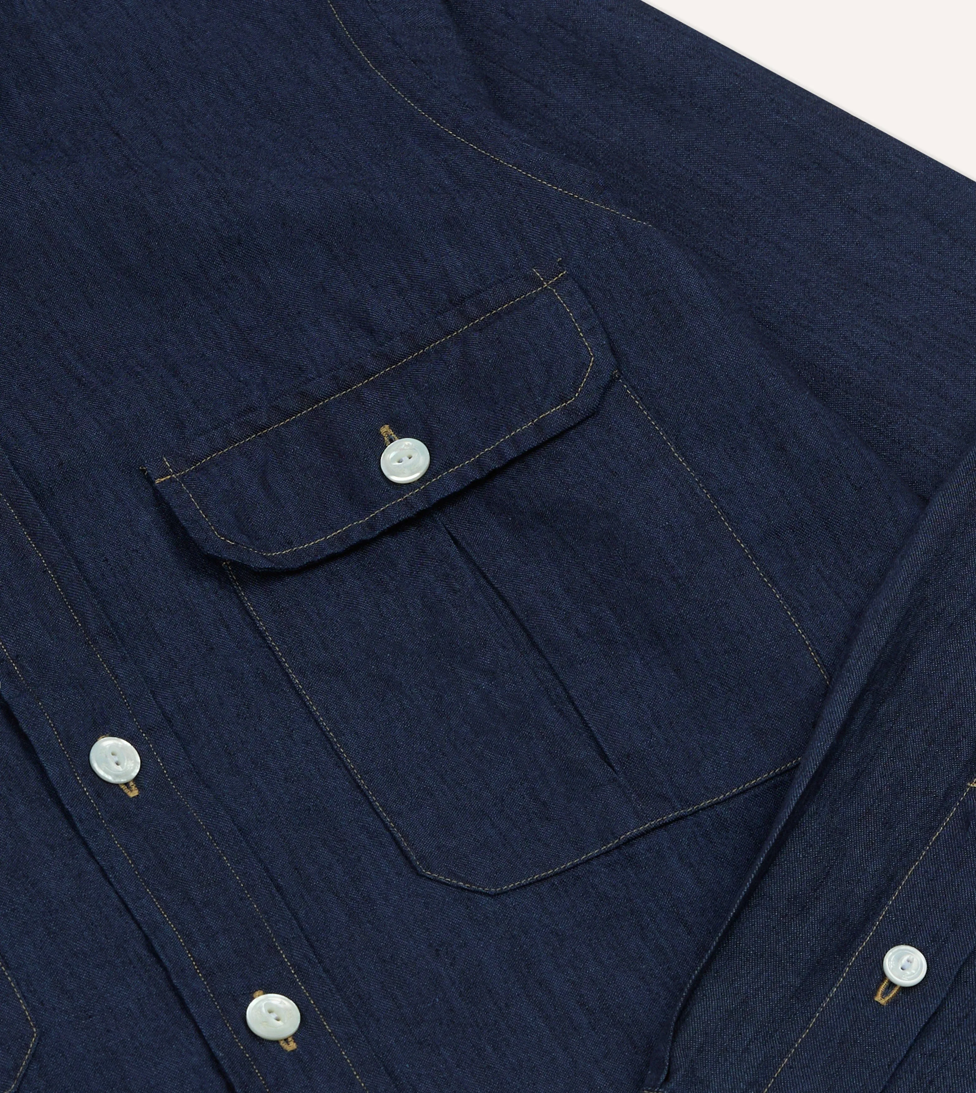 Antibacterial Treatment Relaxed Flex Navy Cotton Linen Two-Pocket Work Shirt