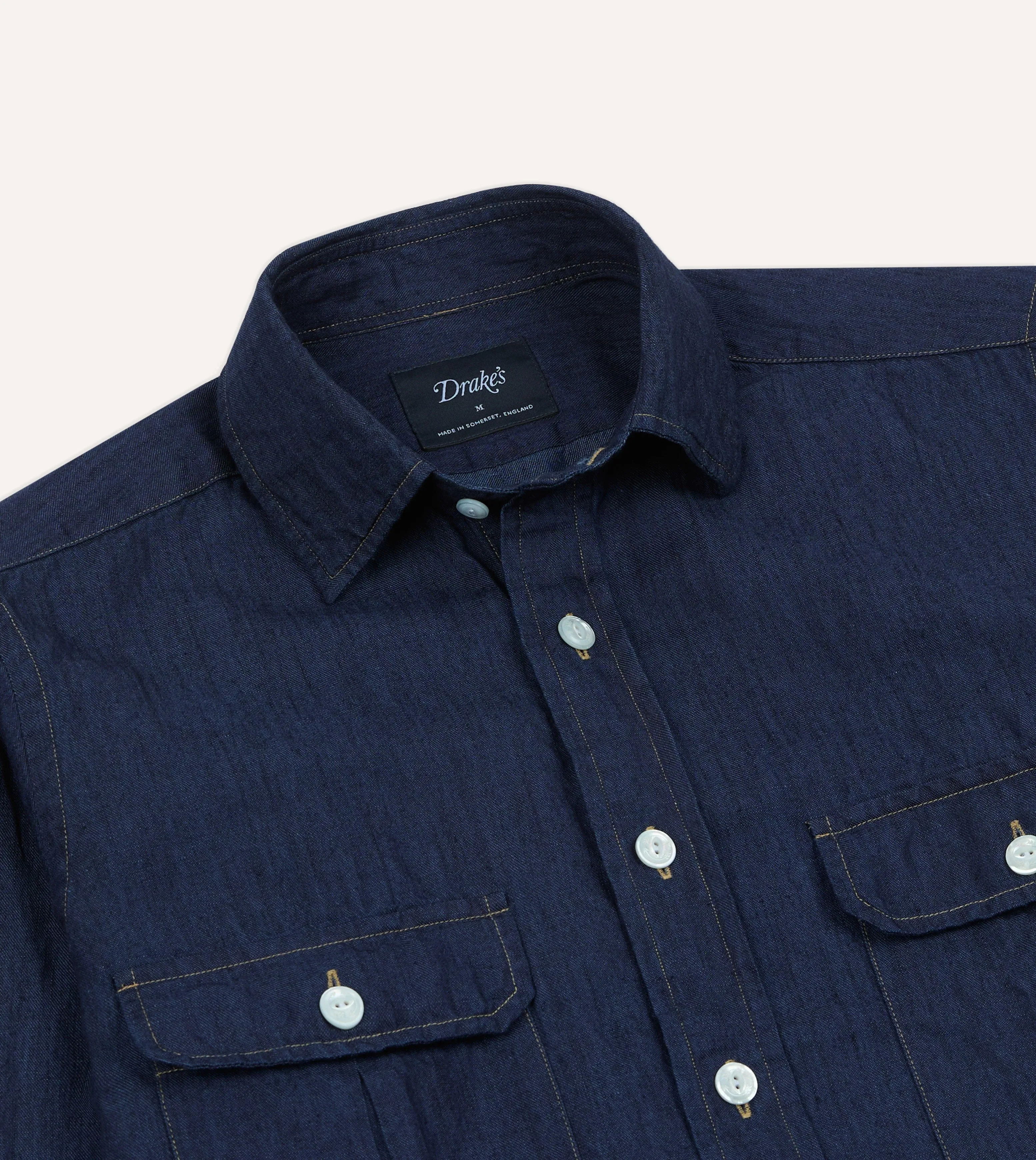 Navy Cotton Linen Two-Pocket Work Shirt Casual Active