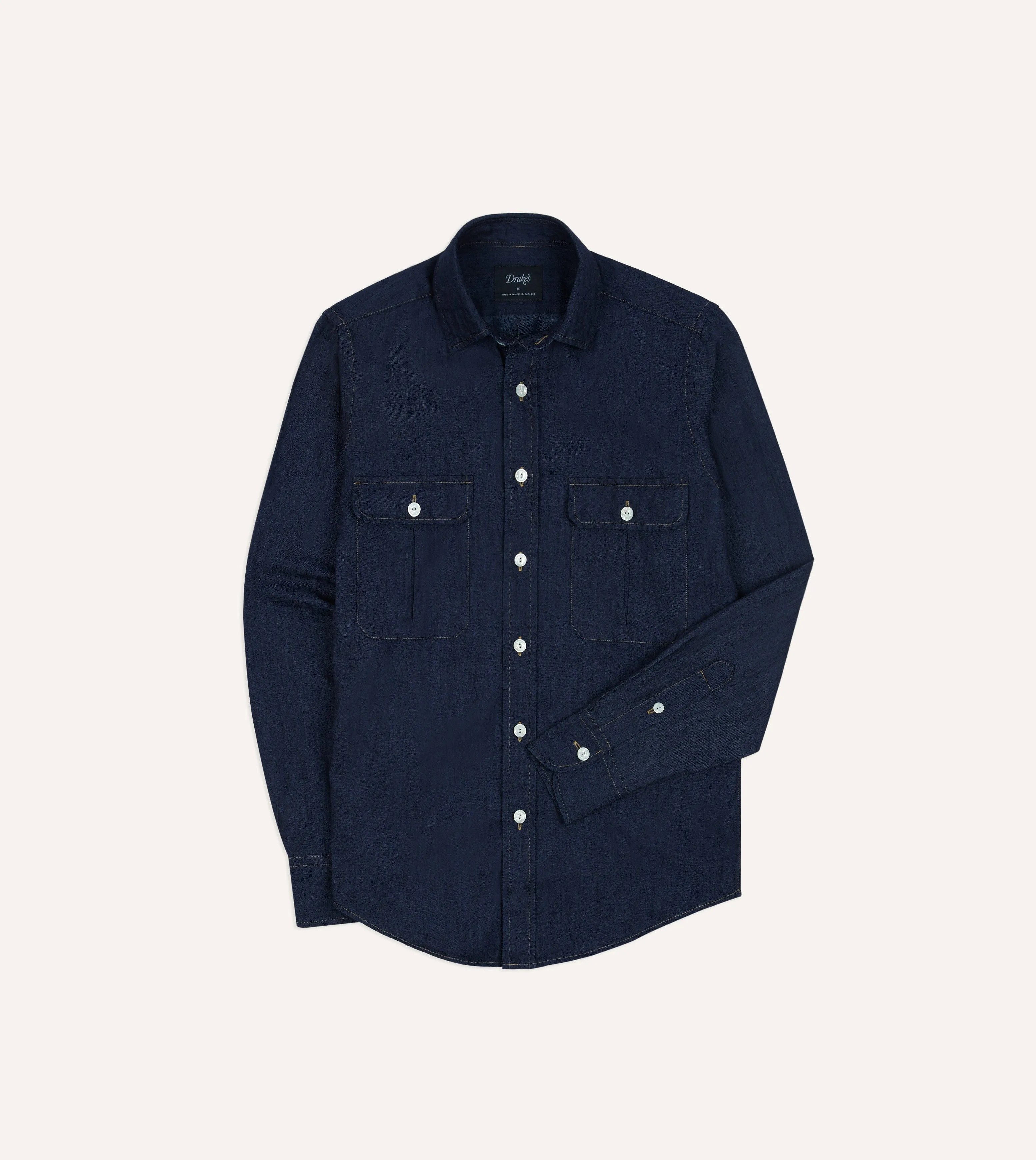 Navy Cotton Linen Two-Pocket Work Shirt Effortless Look