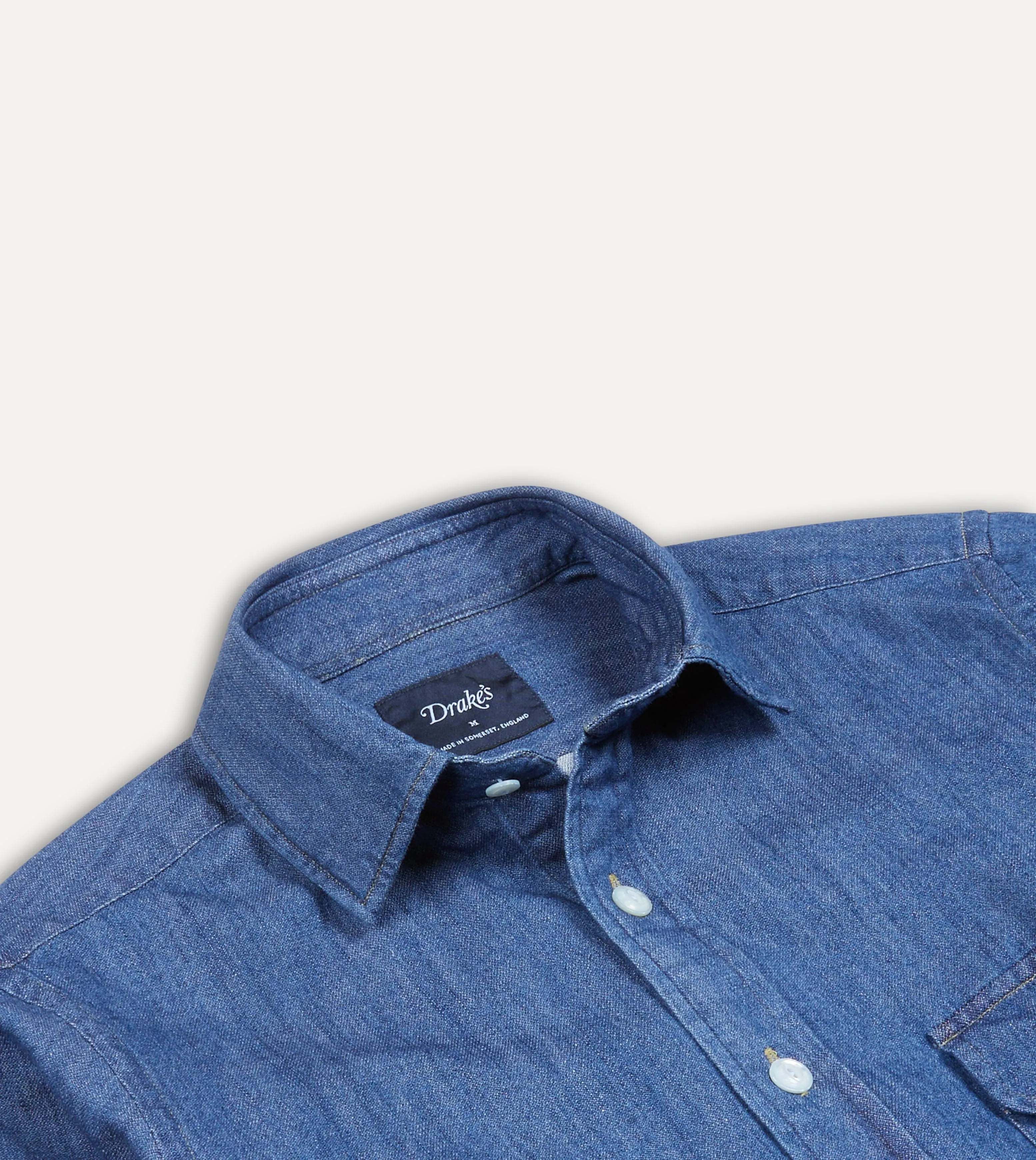 Mid-Blue Washed Denim Cotton Two-Pocket Work Shirt Layered Comfort