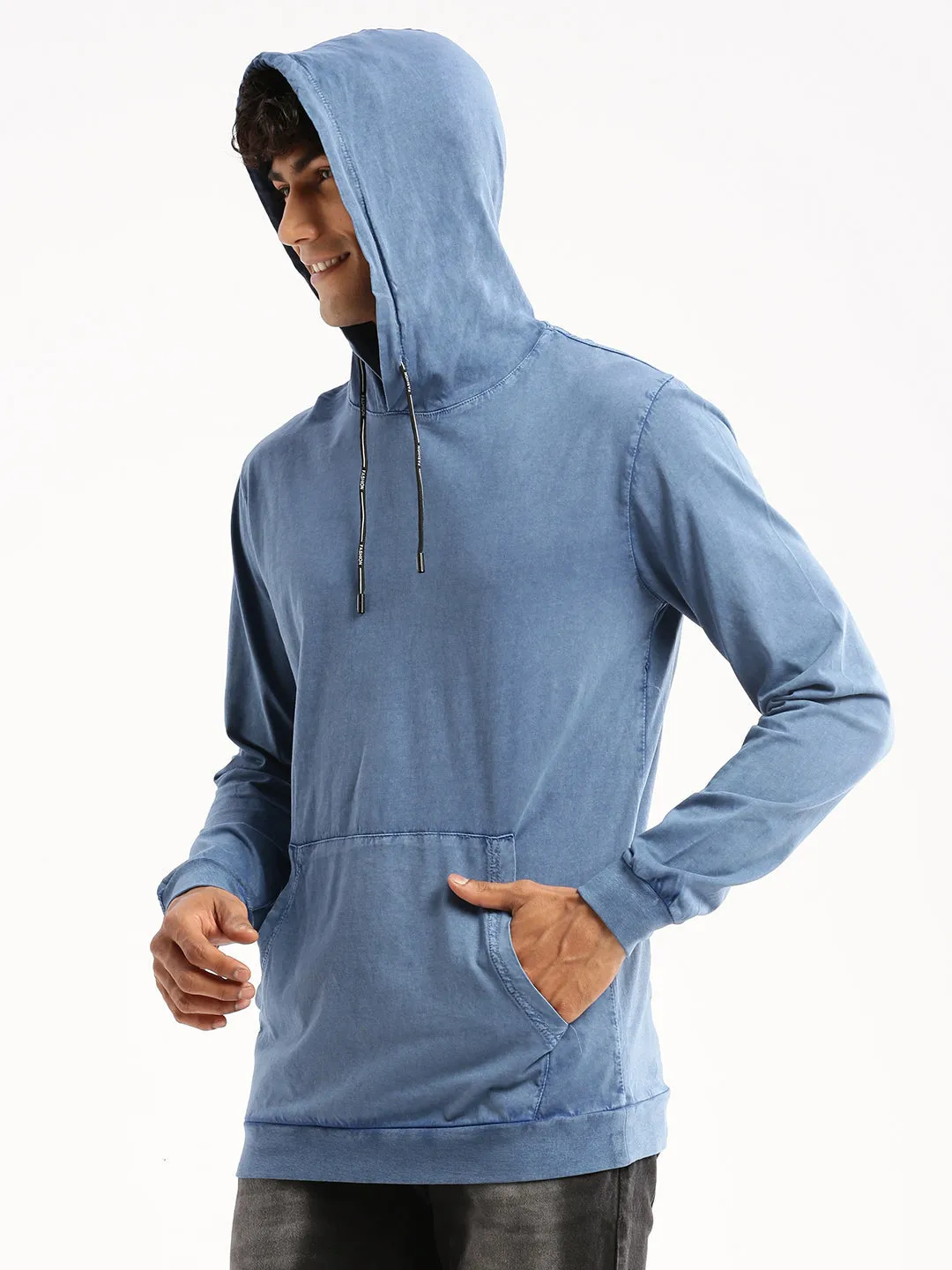 product earthy warmth Simple Fashion Men's Blue Hooded Slim Fit Cotton Pullover