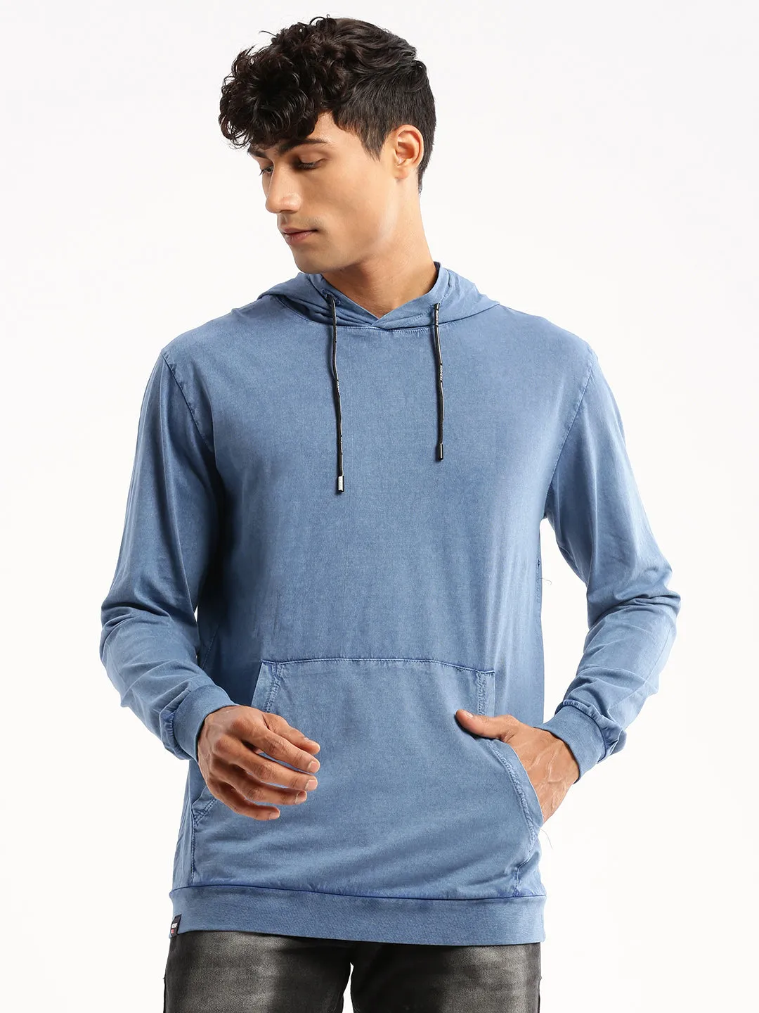 Men's Blue Hooded Slim Fit Cotton Pullover teens'