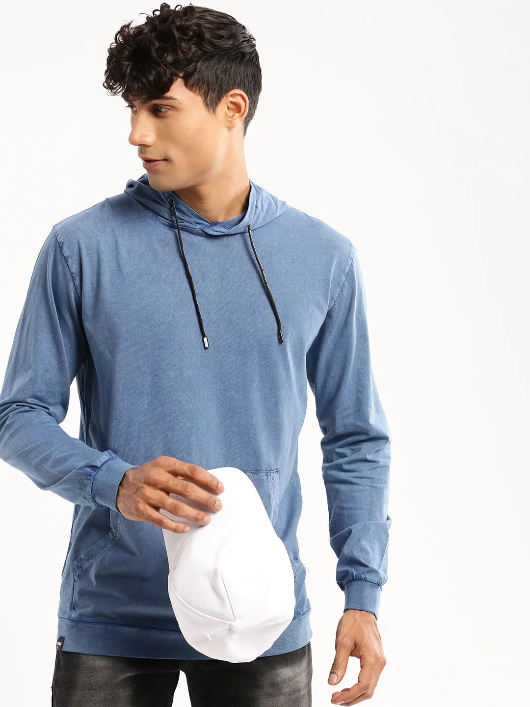 product vacation wear freedom durability test Men's Blue Hooded Slim Fit Cotton Pullover