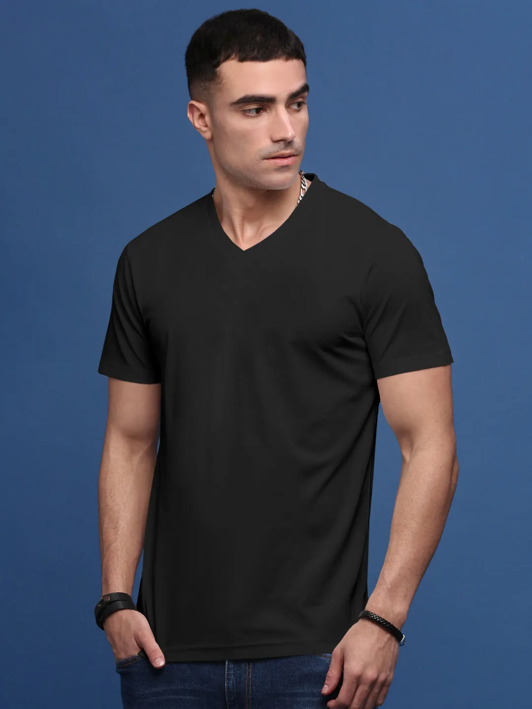 Winter Wear Men's V-Neck Black Slim Fit T-Shirt