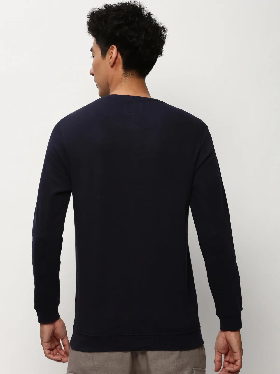 comfortable for standing Streetwear Fashion Men's Navy Blue Round Neck Pullover Cotton Sweatshirt