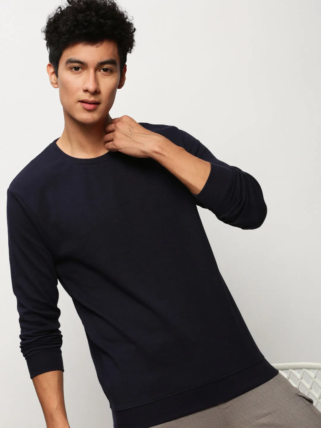 product nautical charm Men's Navy Blue Round Neck Pullover Cotton Sweatshirt