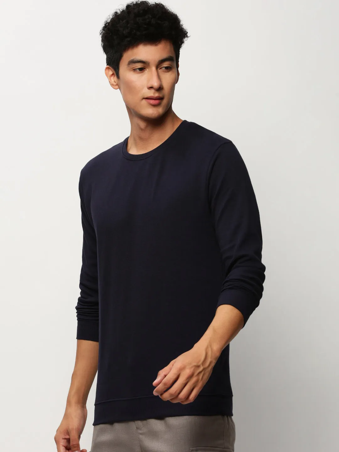 Fleece Men's Navy Blue Round Neck Pullover Cotton Sweatshirt