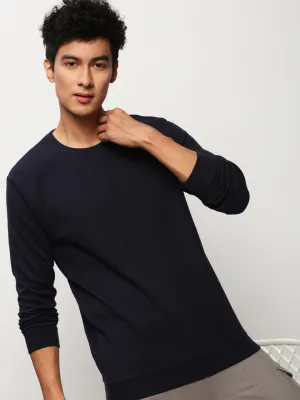 product nautical charm Men's Navy Blue Round Neck Pullover Cotton Sweatshirt