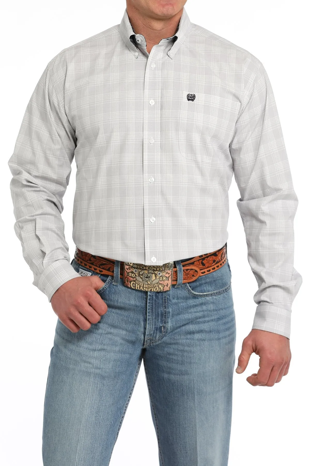 Festival wear Cinch Men's L/S Classic Fit Plaid Western Button Down Shirt in White