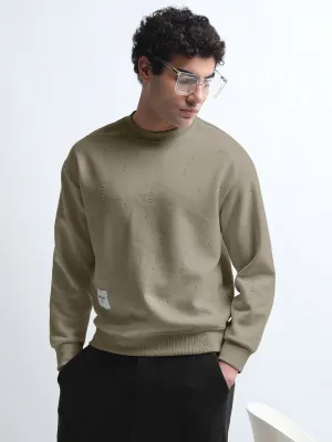 Men's Olive Round Neck Ribbed Sweatshirt with Torned effect product rough ruggedness