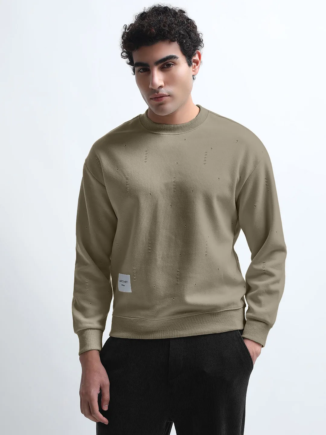 Men's Olive Round Neck Ribbed Sweatshirt with Torned effect uncollared product luxury indulgence