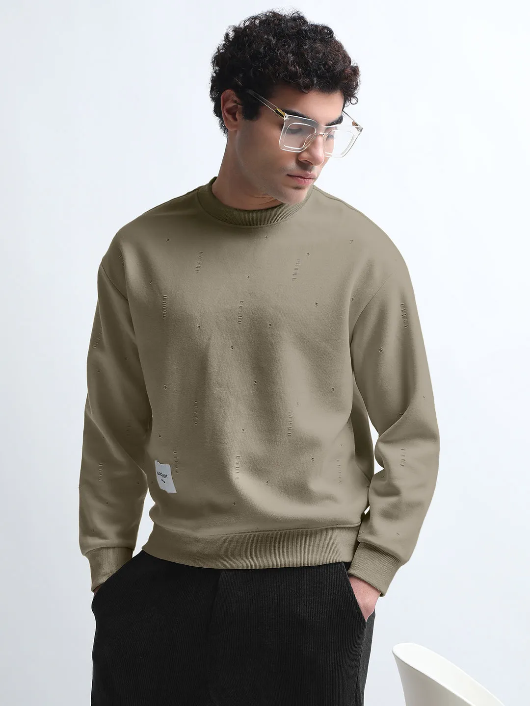 Men's Olive Round Neck Ribbed Sweatshirt with Torned effect product rough ruggedness