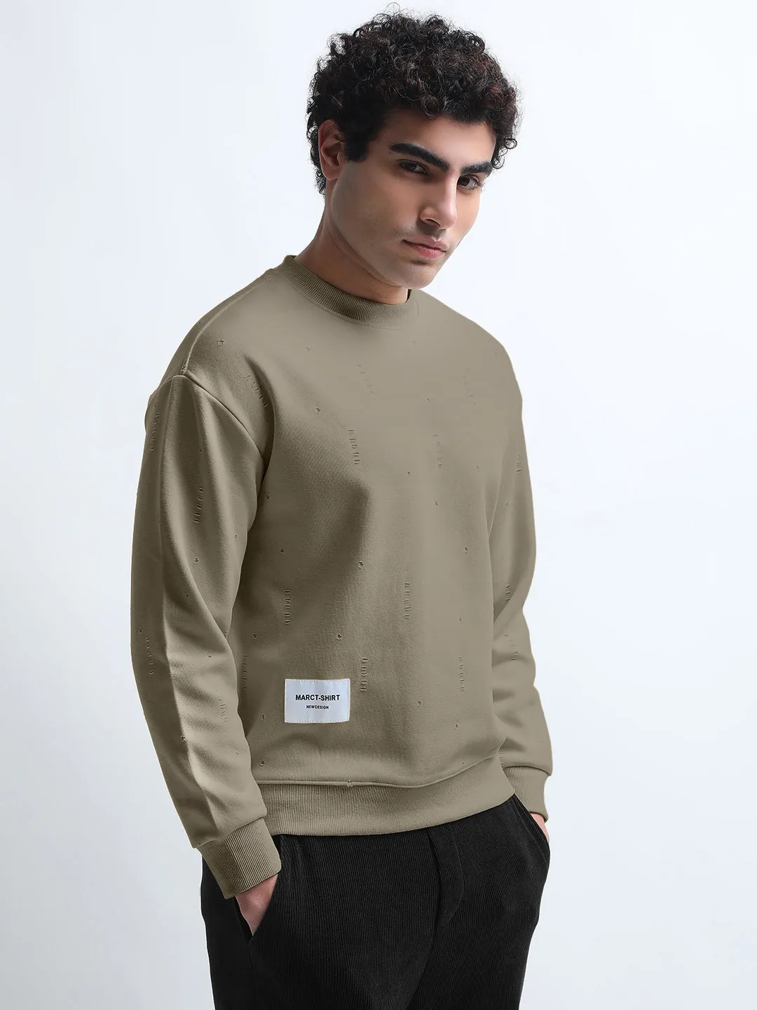 Men's Olive Round Neck Ribbed Sweatshirt with Torned effect Core Comfort Concert Look