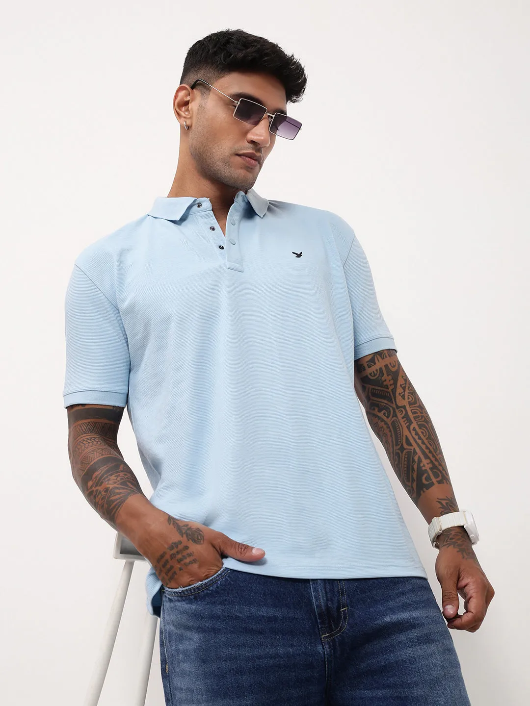 Men's Blue Solid Polo Collar T-Shirt Cozy Fashion