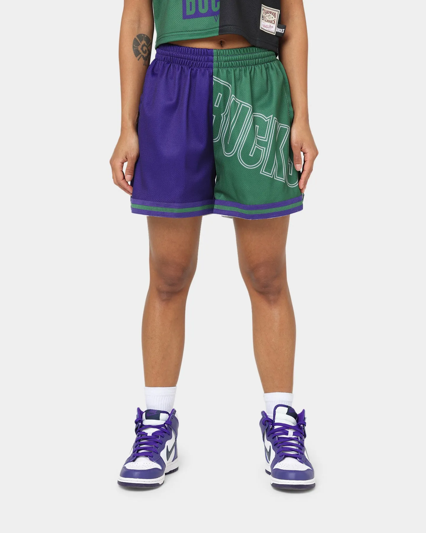 Mitchell & Ness Women's Milwaukee Bucks Big Face 5.0 Shorts Purple Contoured Articulation