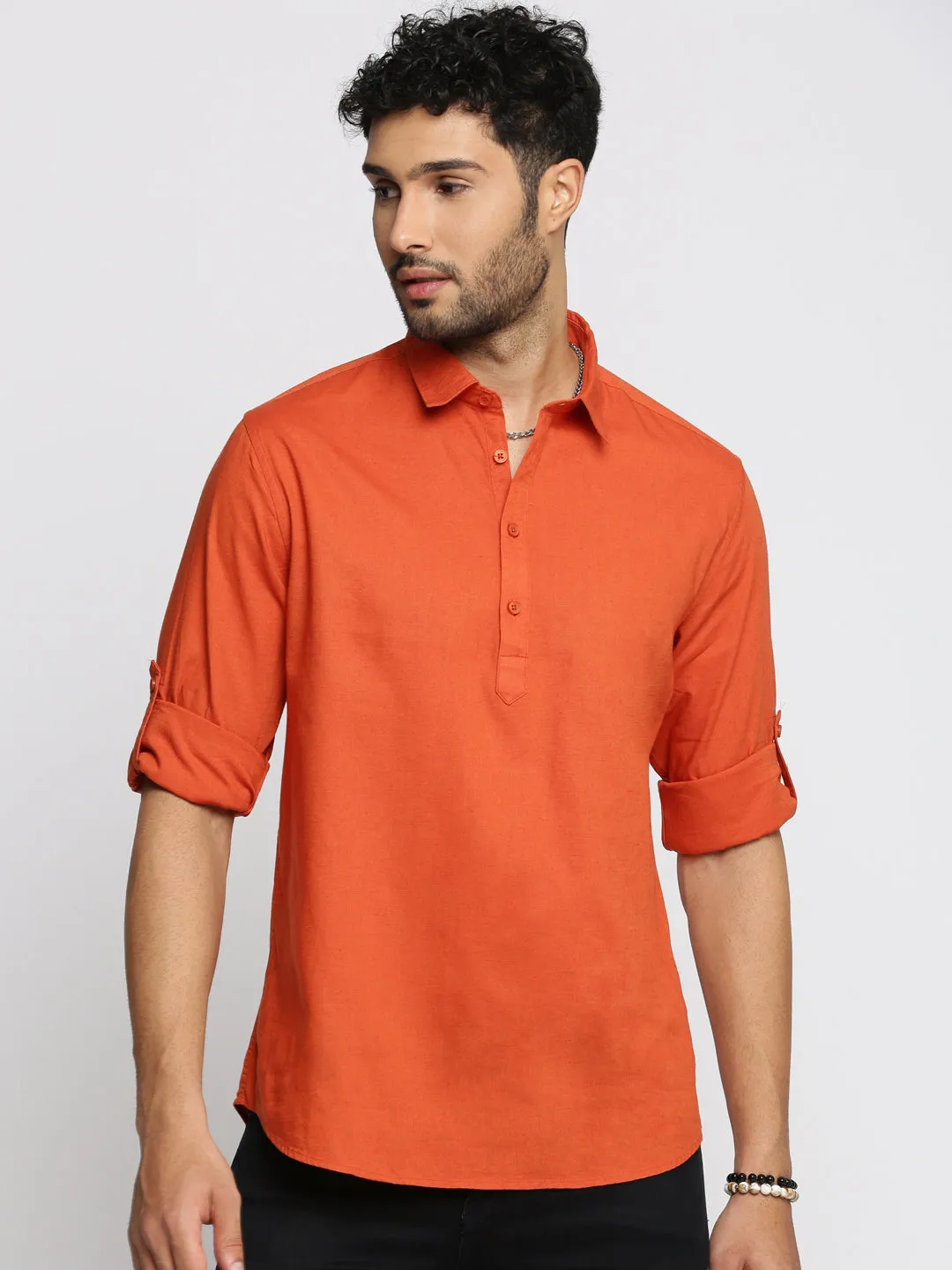 Men's Orange Shirt Collar Roll-Up Sleeves Casual Shirt Boho Light
