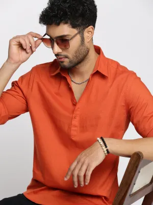 Men's Orange Shirt Collar Roll-Up Sleeves Casual Shirt Warm Layers
