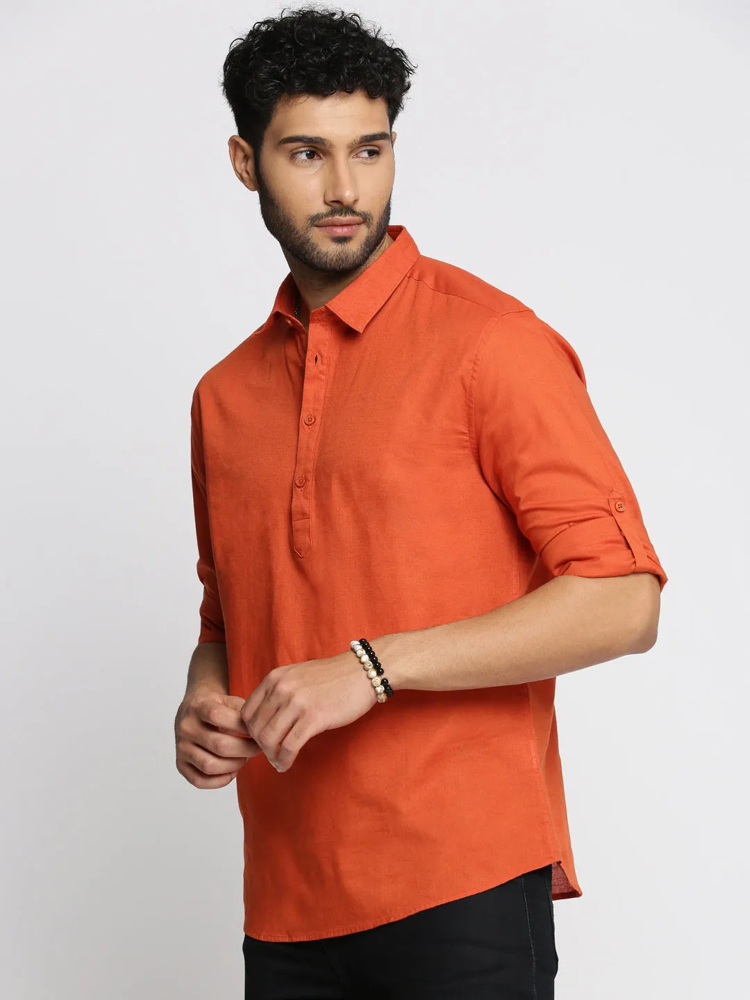 Men's Orange Shirt Collar Roll-Up Sleeves Casual Shirt Stylish Look MultiPurposePockets