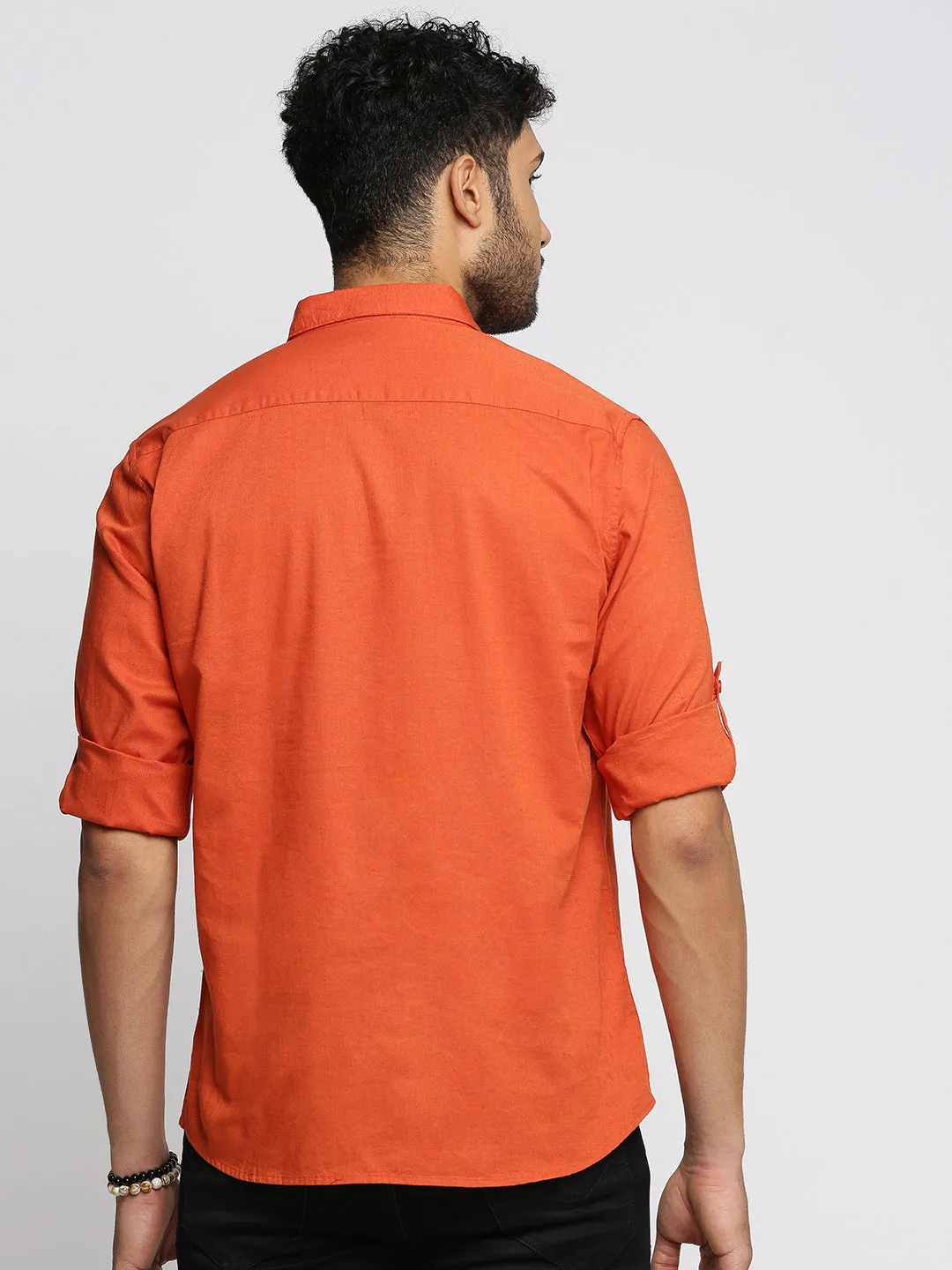 Basic Wear Men's Orange Shirt Collar Roll-Up Sleeves Casual Shirt