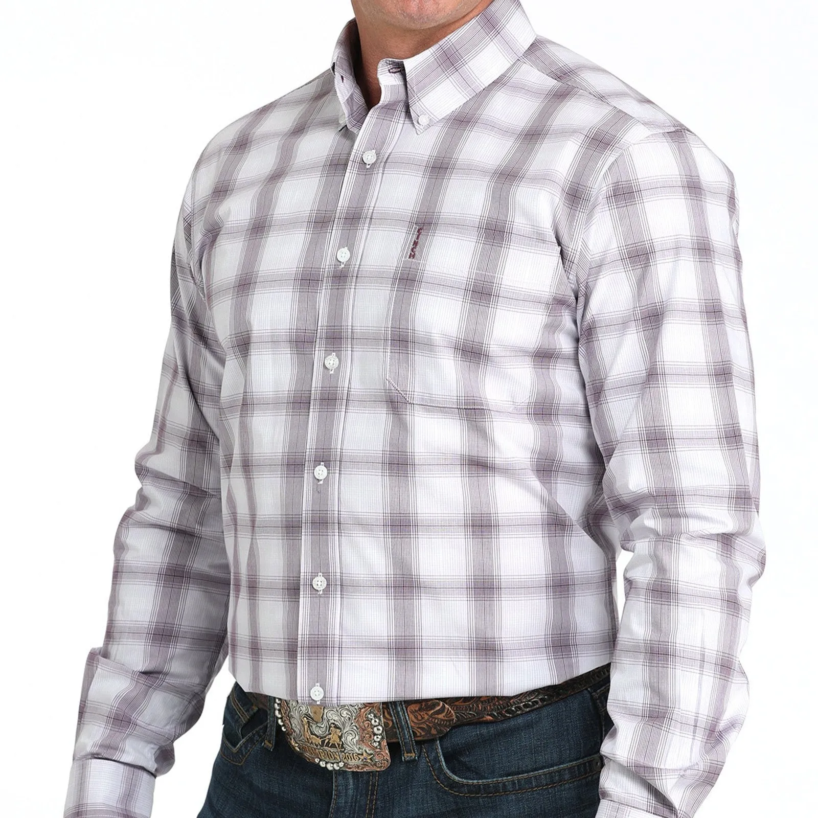 Casual Choice Linen blend Cinch Men's L/S Modern Fit Plaid Western Button Down Shirt in White and Purple