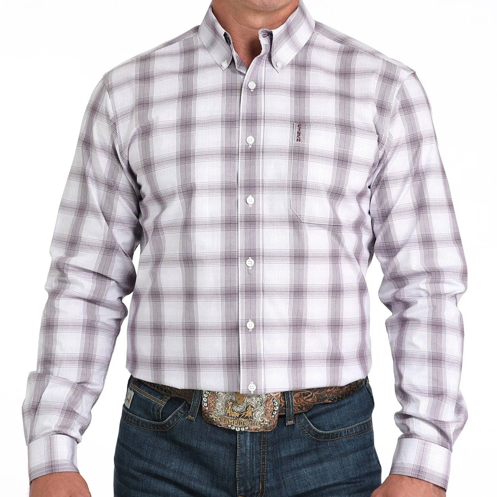 Eco Friendly Production Cinch Men's L/S Modern Fit Plaid Western Button Down Shirt in White and Purple