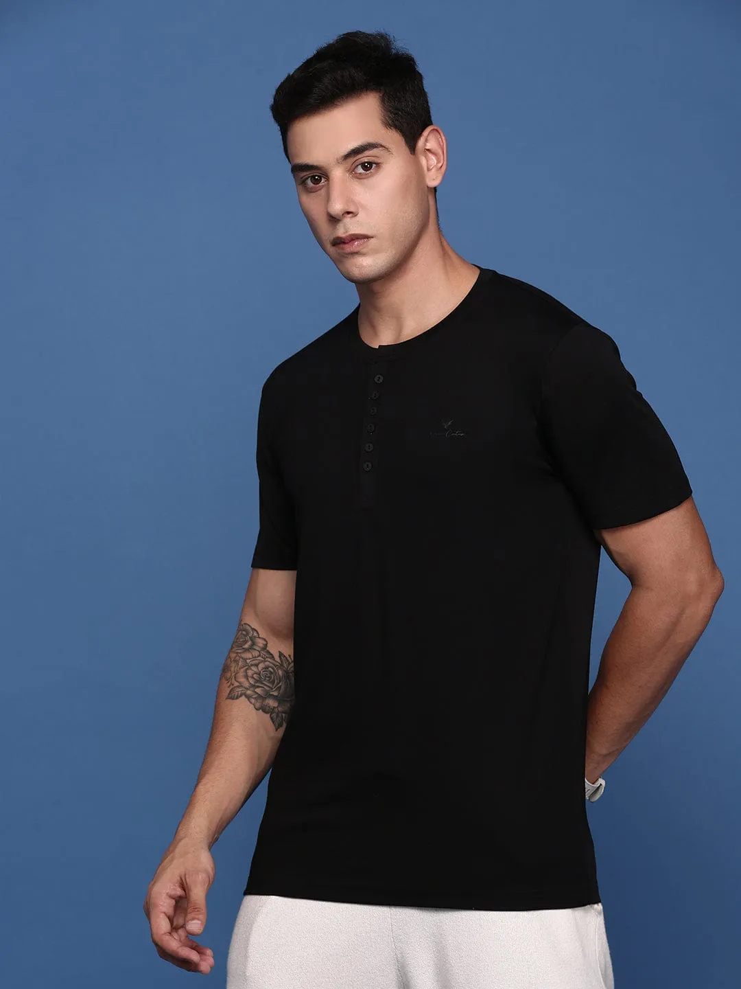 Men's Black Henley Neck Cotton Slim Fit Solid T-Shirt Tall Length swimming suitable