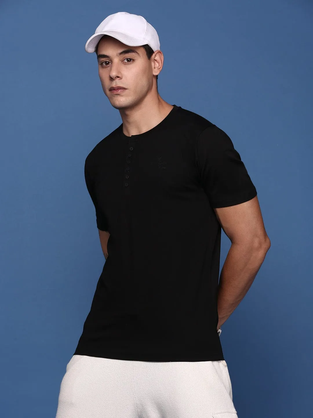 Weekend Casual Men's Black Henley Neck Cotton Slim Fit Solid T-Shirt