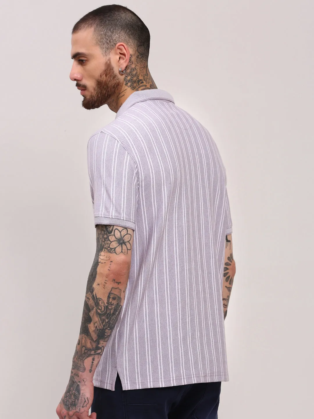 Men's Purple Striped Polo Collar Cotton T-Shirt lightweight pants