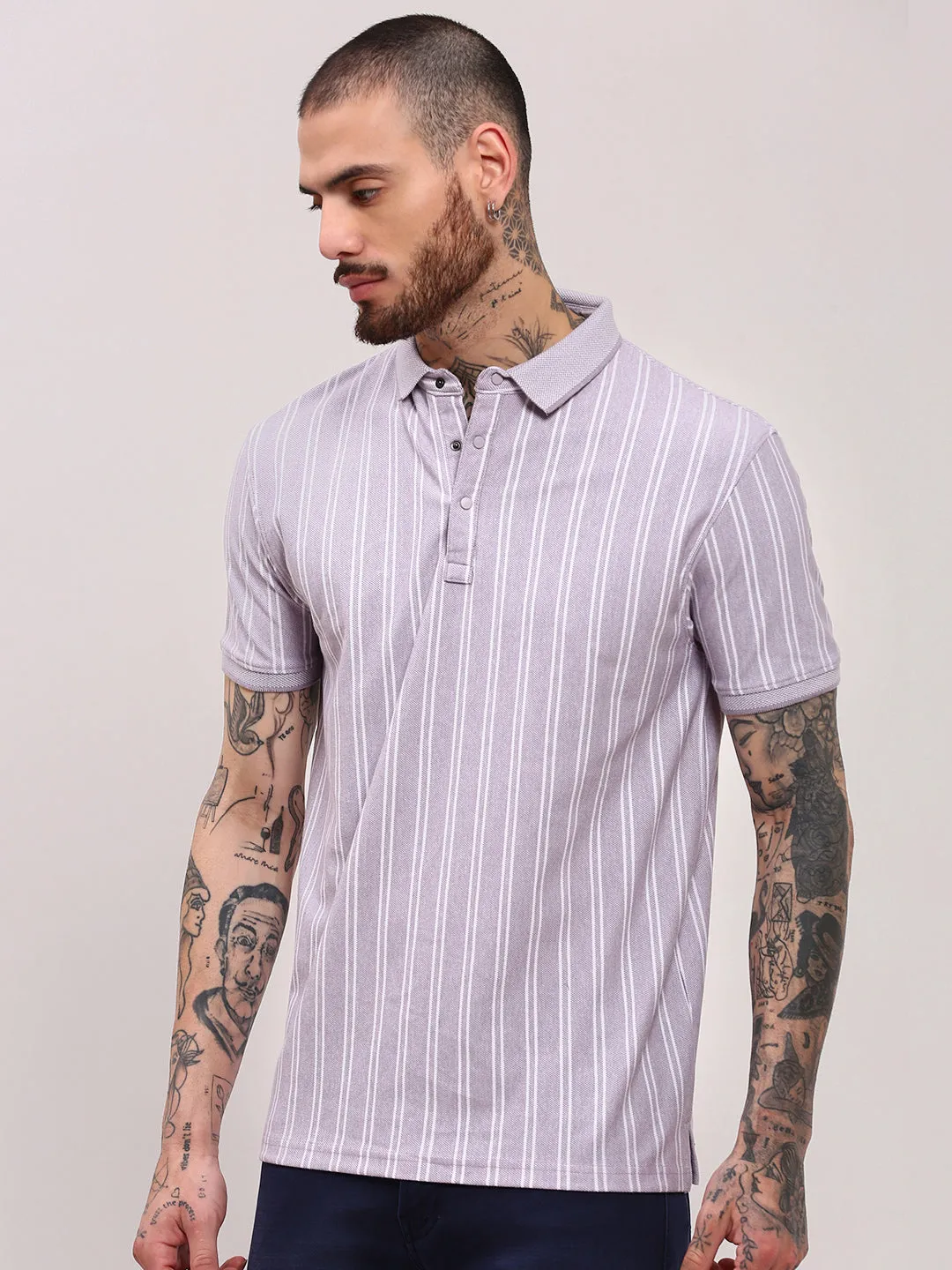Men's Purple Striped Polo Collar Cotton T-Shirt Glam Night Ocean Air