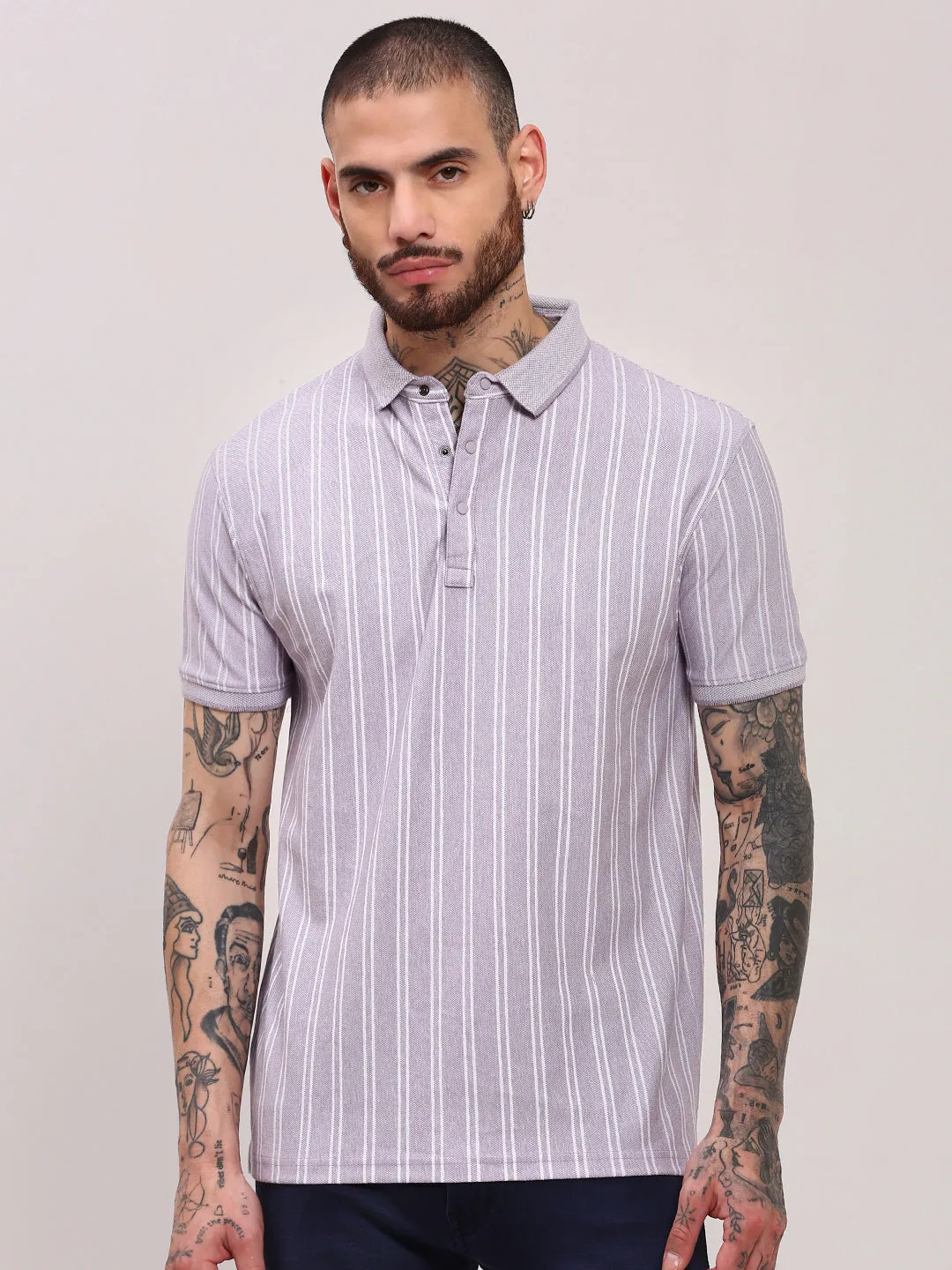 Glitter Glow Men's Purple Striped Polo Collar Cotton T-Shirt