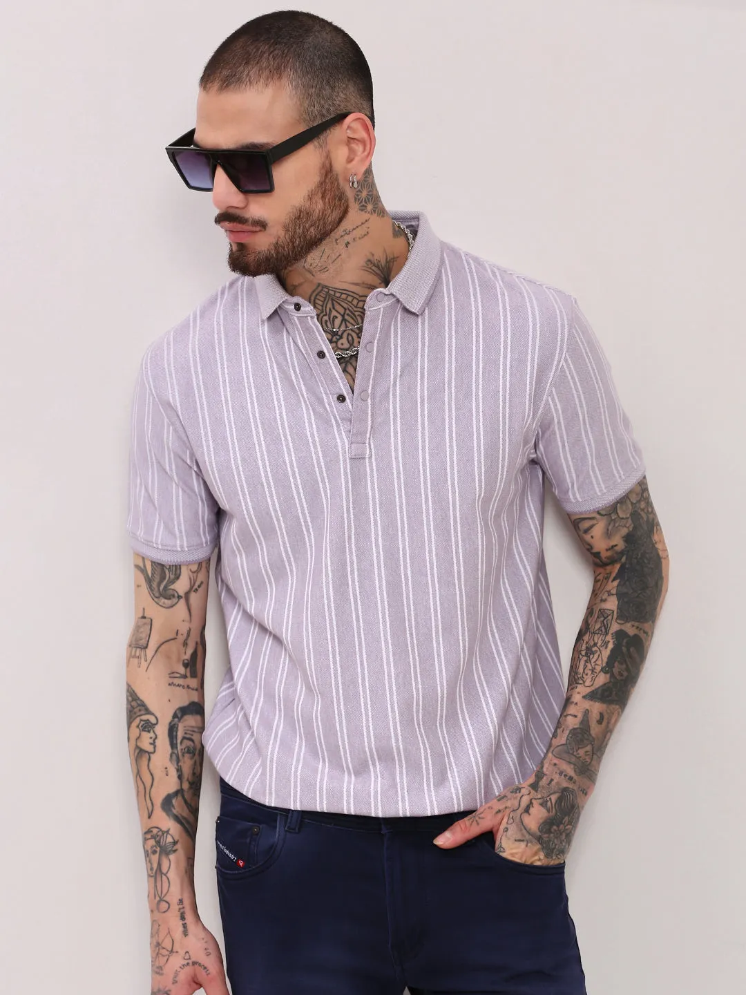 FadeResistant Men's Purple Striped Polo Collar Cotton T-Shirt