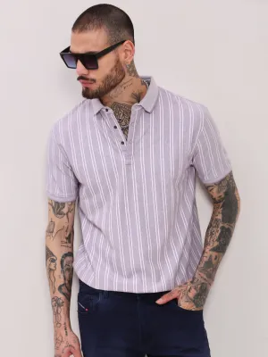 FadeResistant Men's Purple Striped Polo Collar Cotton T-Shirt