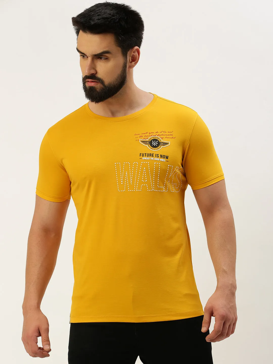 Men's Yellow Round Neck Slim Fit T-shirt Athletic