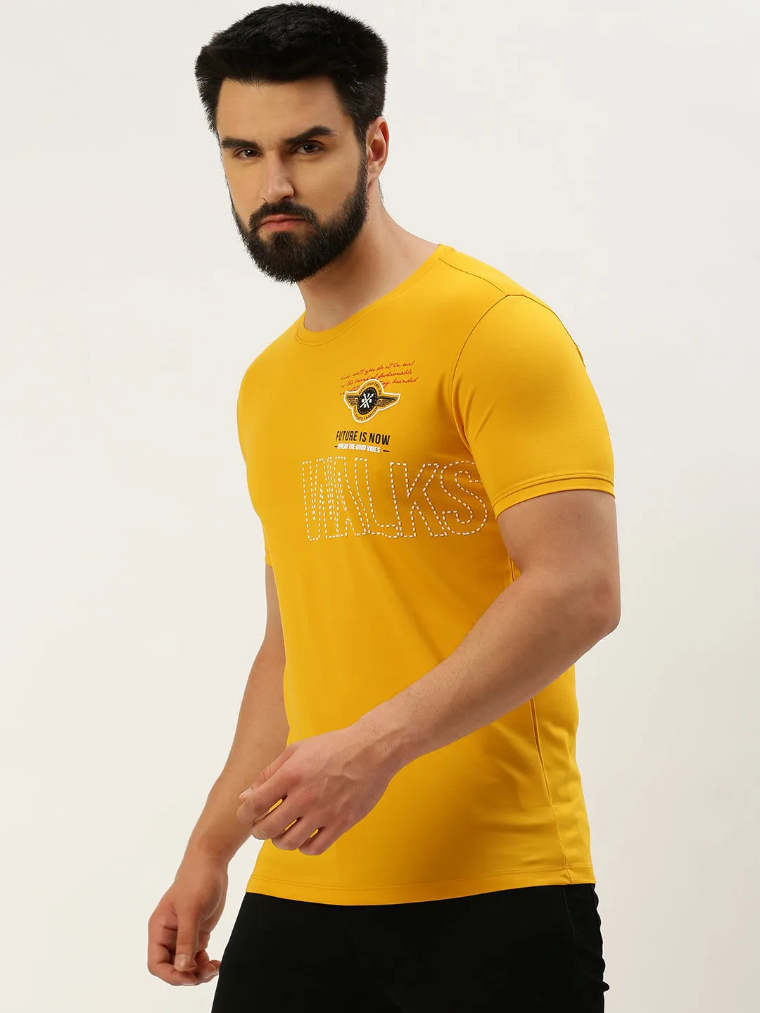 Weekend Bold Men's Yellow Round Neck Slim Fit T-shirt