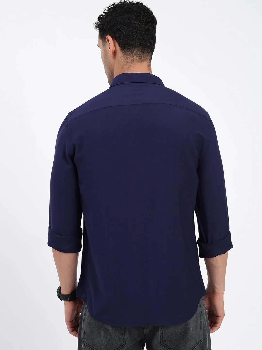 Timeless Blazer Men's Navy Blue Standard Spread Collar Solid Cotton Casual Shirt