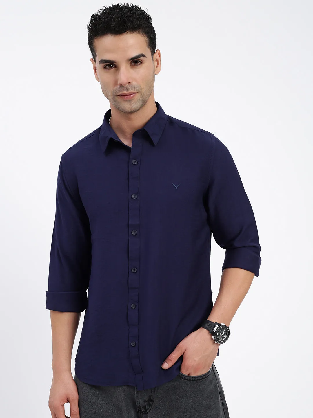 Men's Navy Blue Standard Spread Collar Solid Cotton Casual Shirt Denim style Lounge Wear