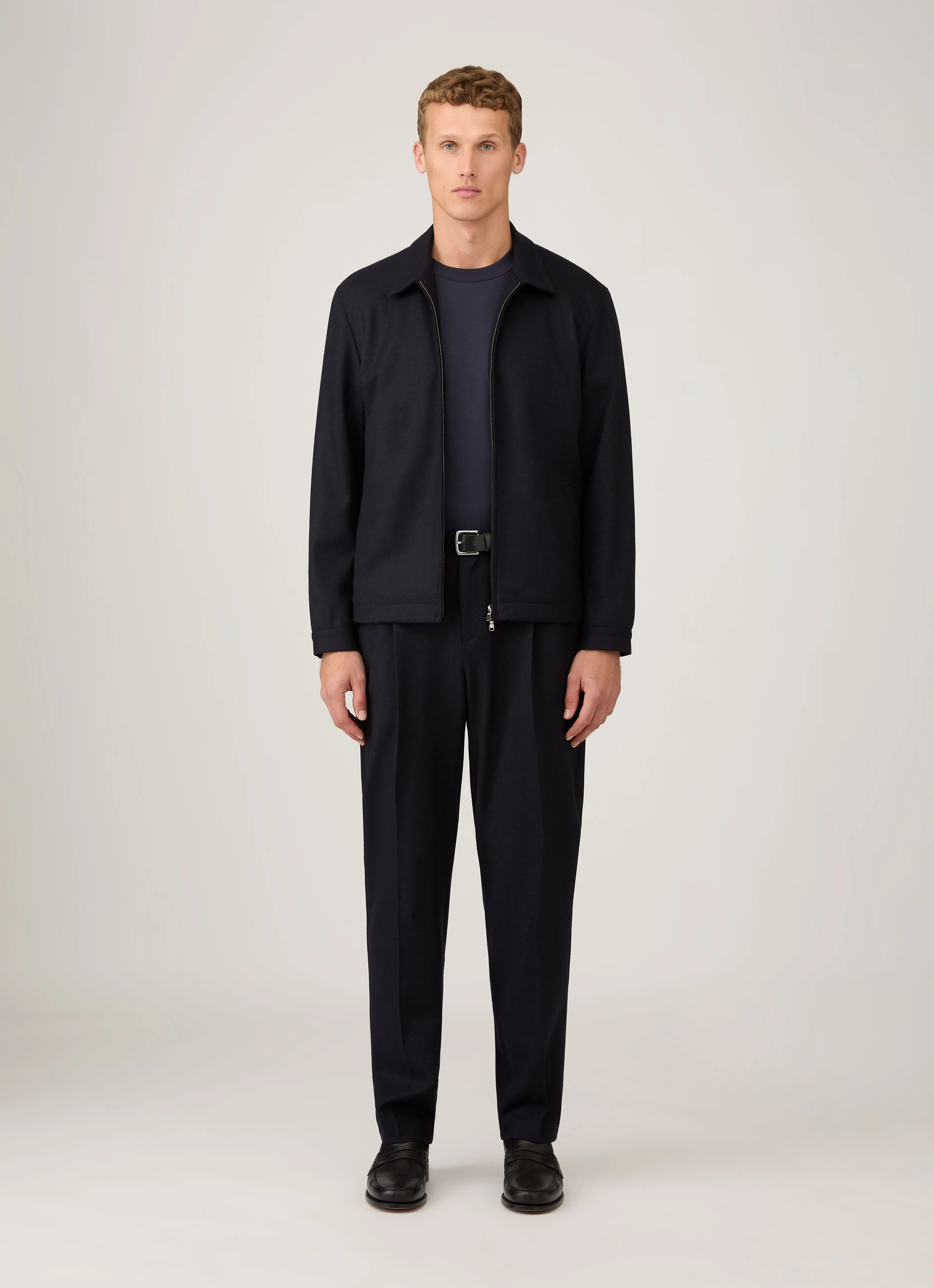 Lightweight Comfort Flexible Side Gussets Men's Boiled Wool Harrington Jacket in Navy