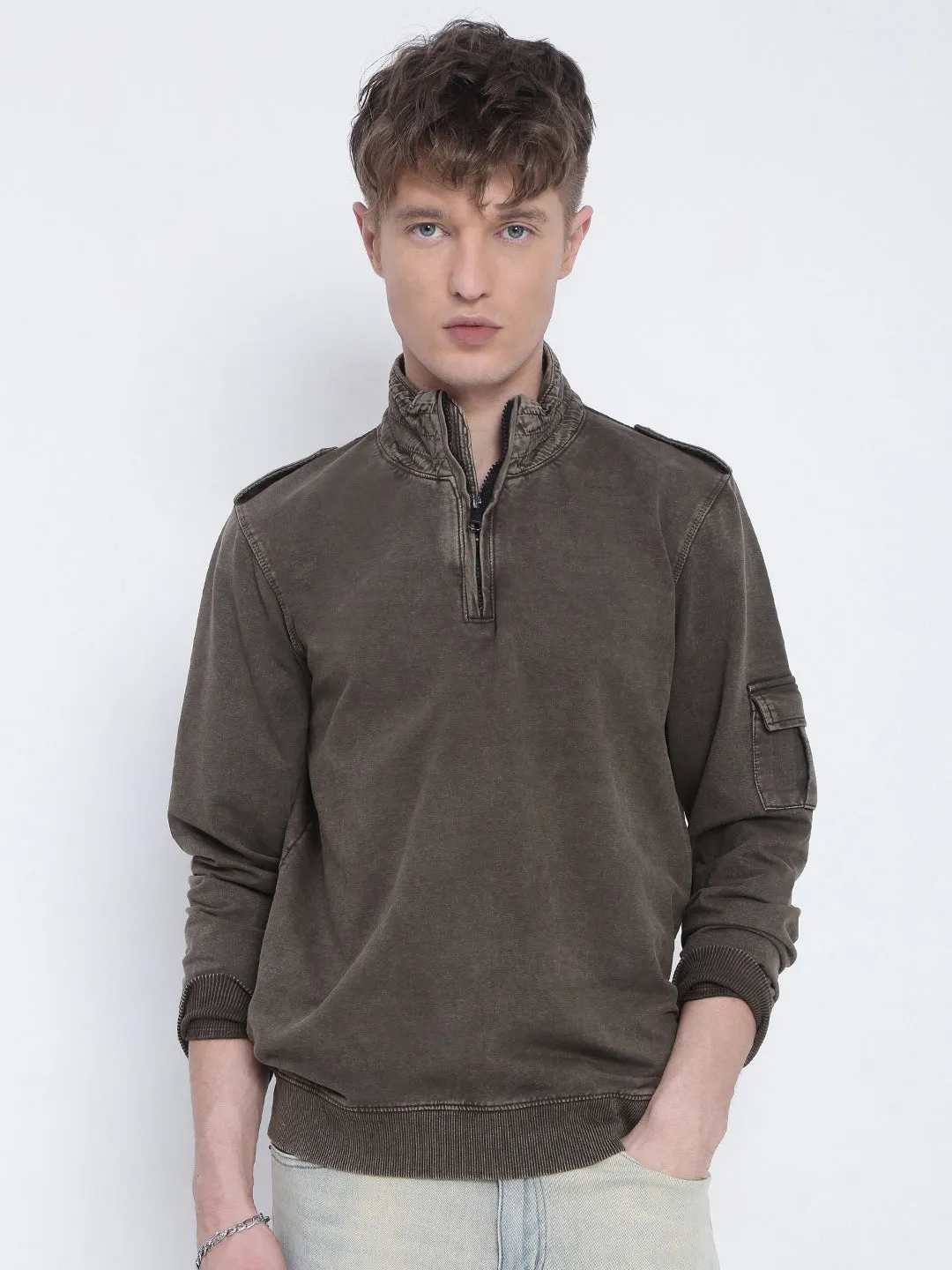 Customer Satisfaction product smooth sleekness Men's Brown High Neck Zippered Sweatshirt