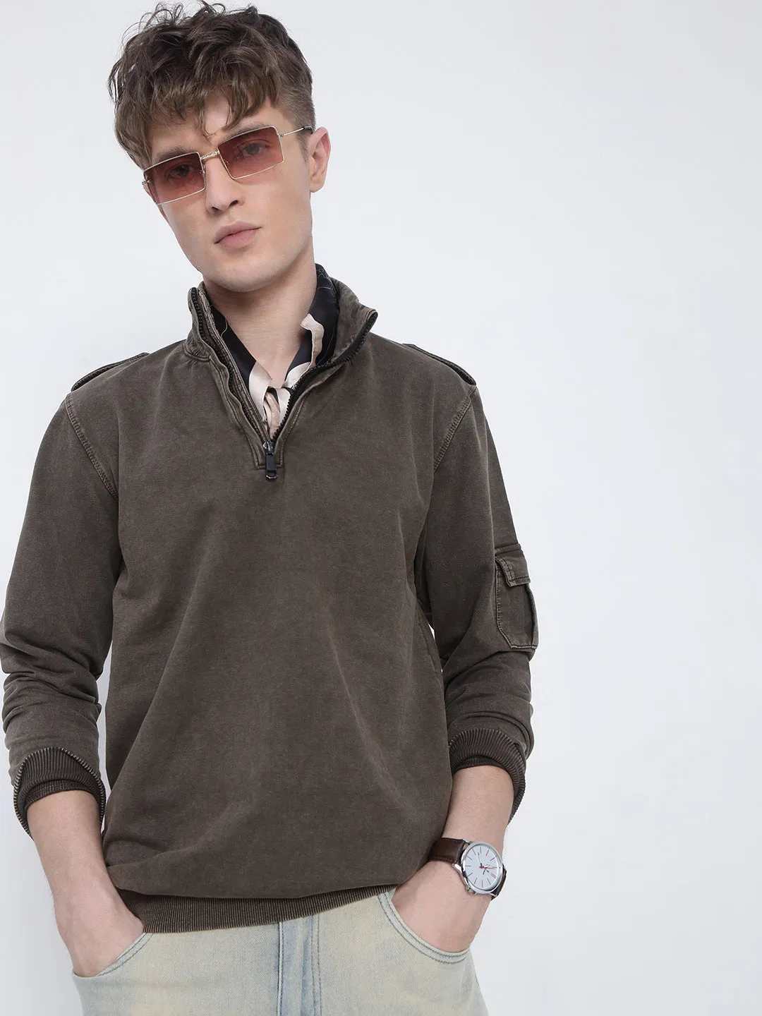 Men's Brown High Neck Zippered Sweatshirt Trendy Layered Layer Comfort