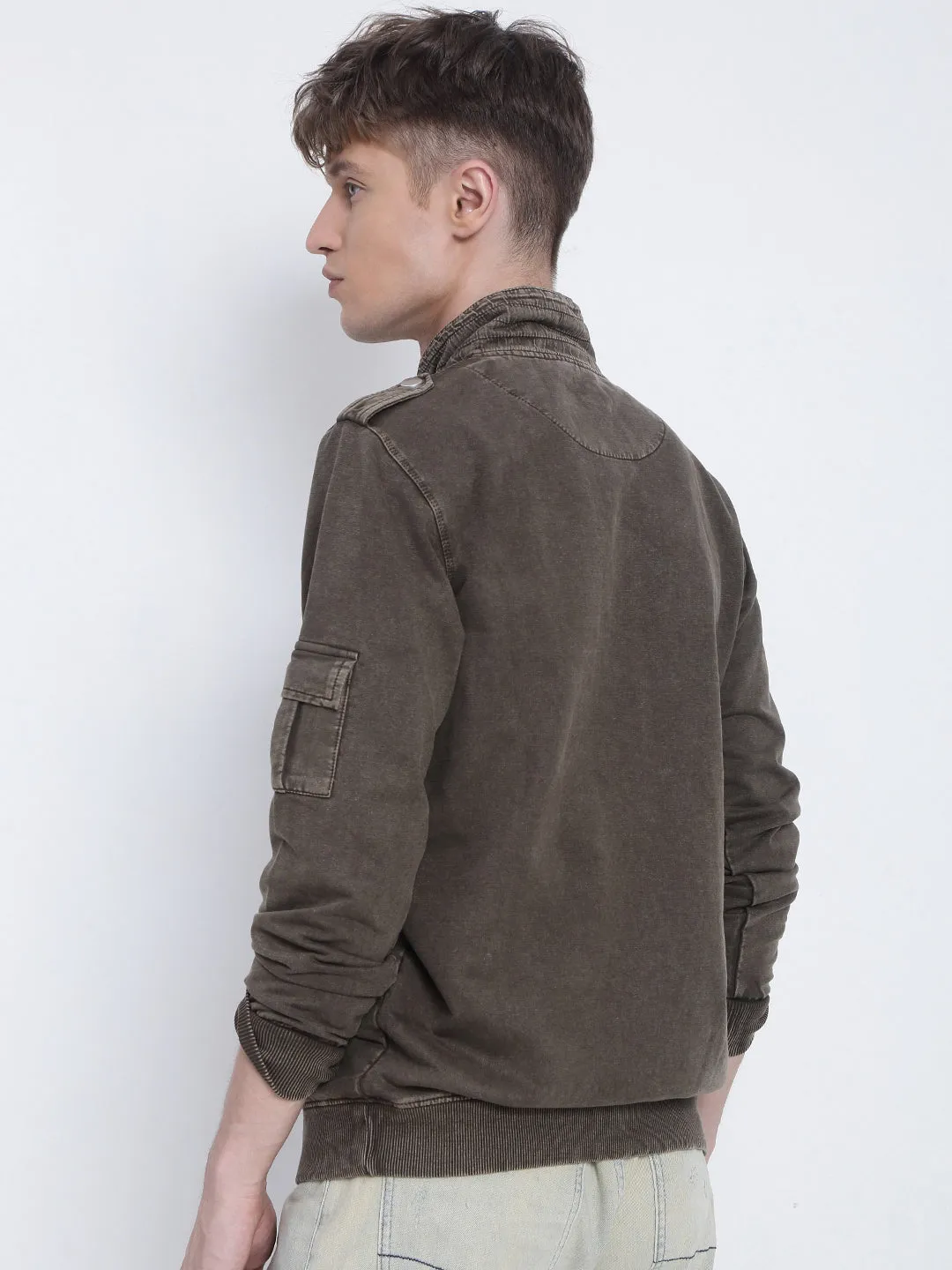 Men's Brown High Neck Zippered Sweatshirt Trendy Layered