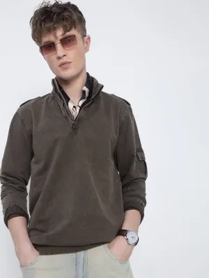 Men's Brown High Neck Zippered Sweatshirt Trendy Layered Layer Comfort