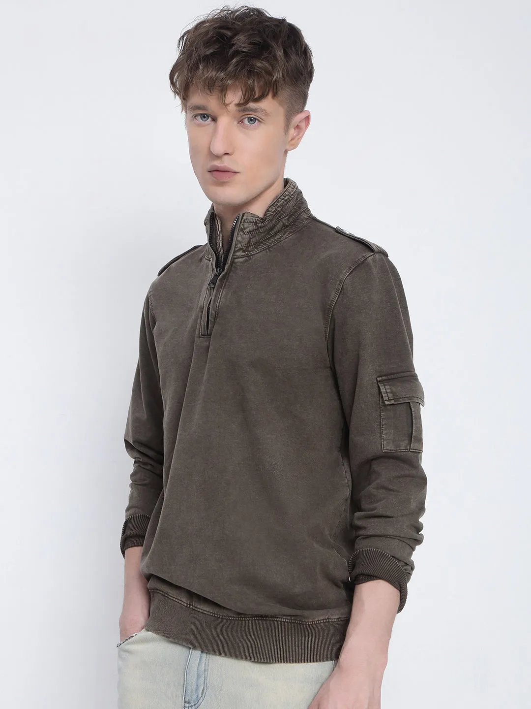 Men's Brown High Neck Zippered Sweatshirt product industry position slim fit